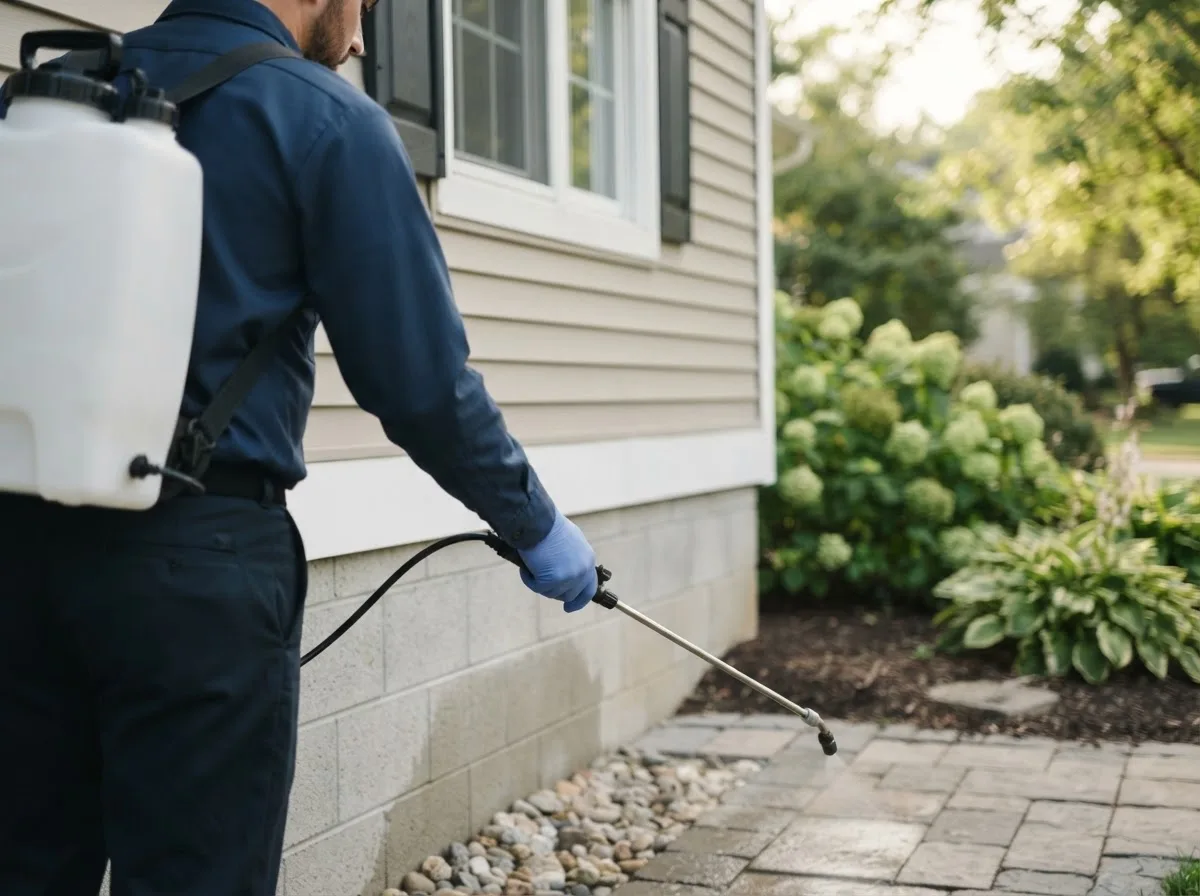 Pest control technician inspecting a home in Laura, IL